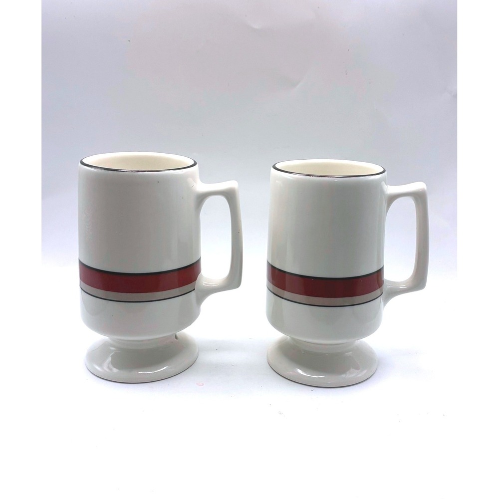 Buffalo China Footed Mugs 5.25in White Red Striped Vintage Dinerware Set of 2